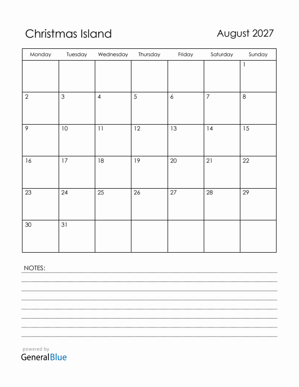 August 2027 Christmas Island Calendar with Holidays (Monday Start)