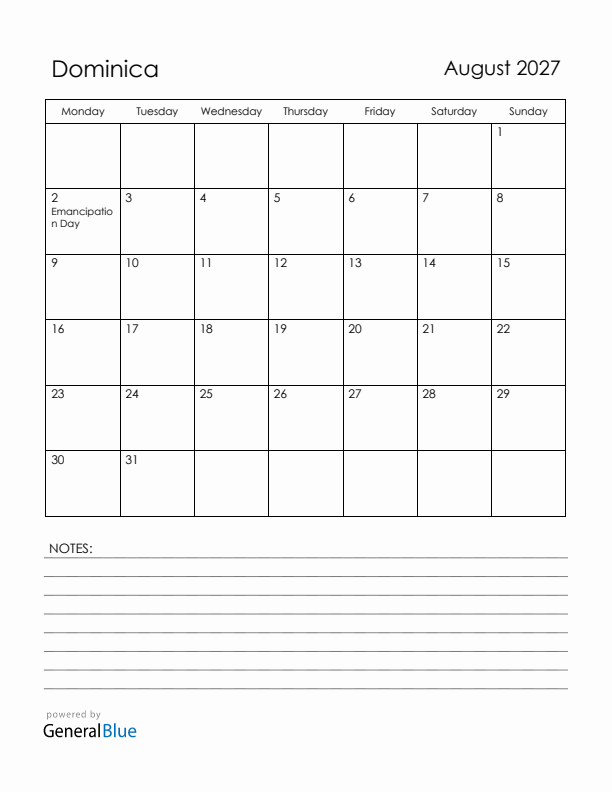 August 2027 Dominica Calendar with Holidays (Monday Start)