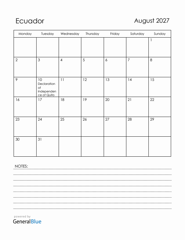 August 2027 Ecuador Calendar with Holidays (Monday Start)
