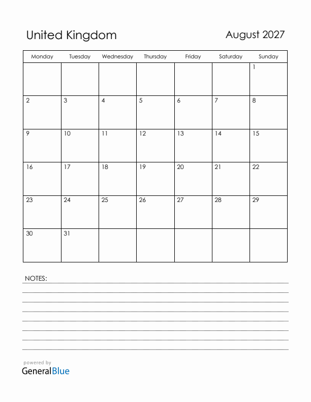 August 2027 United Kingdom Calendar with Holidays (Monday Start)