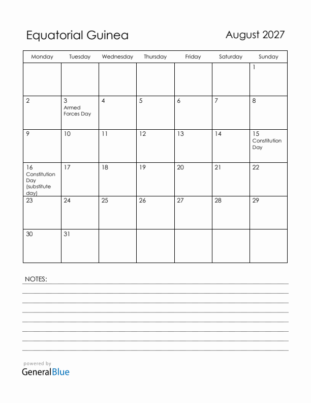 August 2027 Equatorial Guinea Calendar with Holidays (Monday Start)