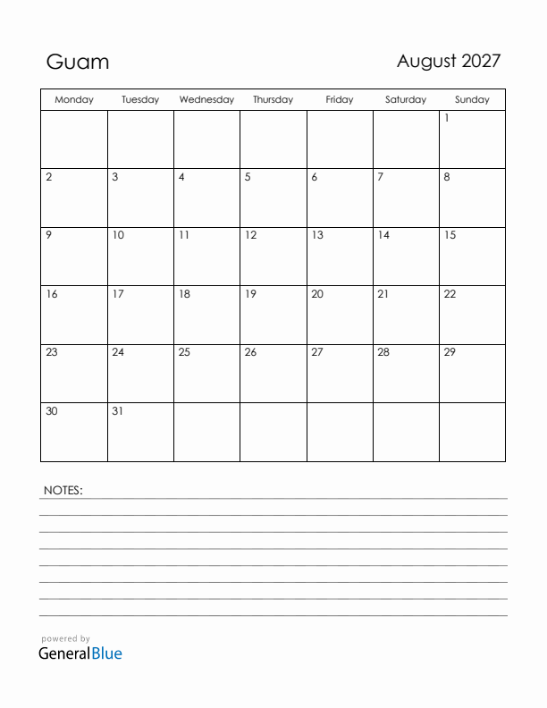 August 2027 Guam Calendar with Holidays (Monday Start)