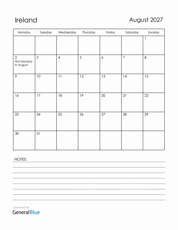August 2027 Ireland Calendar with Holidays (Monday Start)