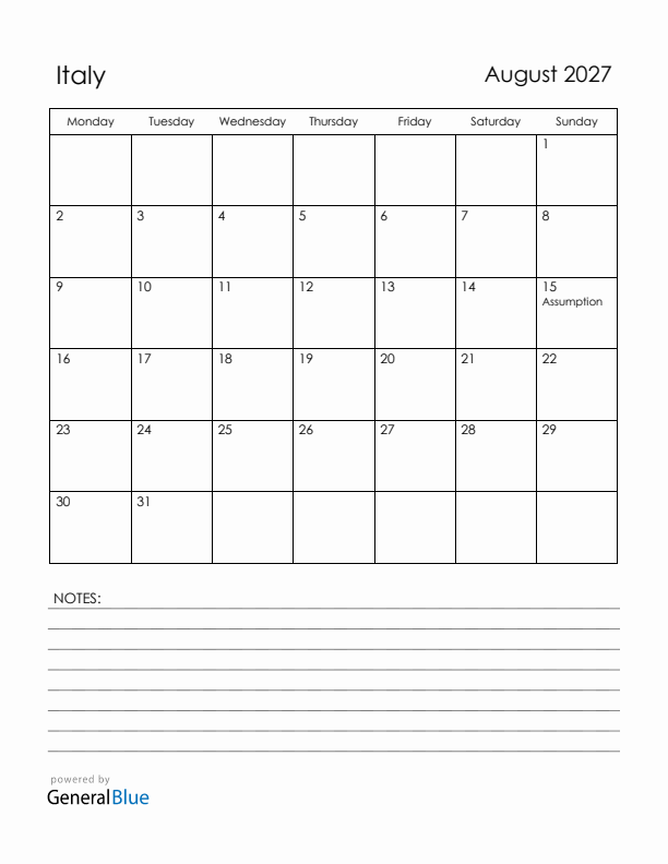August 2027 Italy Calendar with Holidays (Monday Start)