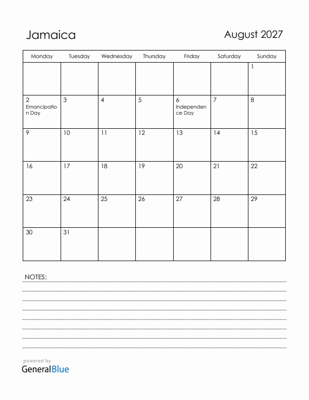 August 2027 Jamaica Calendar with Holidays (Monday Start)