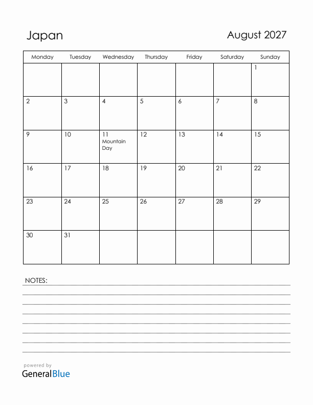 August 2027 Japan Calendar with Holidays (Monday Start)