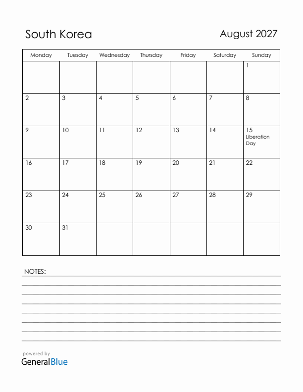 August 2027 South Korea Calendar with Holidays (Monday Start)