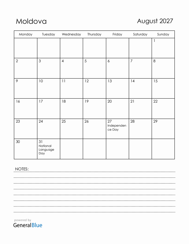 August 2027 Moldova Calendar with Holidays (Monday Start)