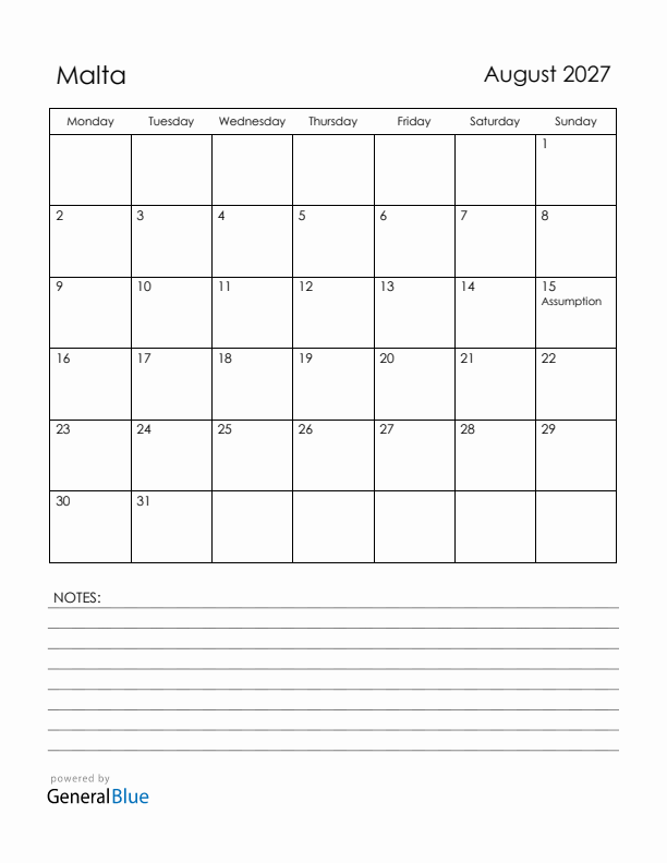 August 2027 Malta Calendar with Holidays (Monday Start)