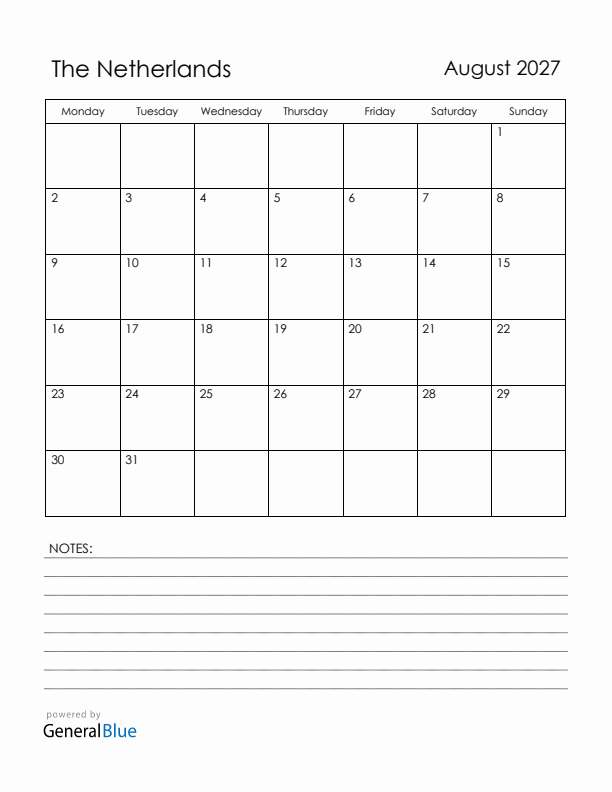 August 2027 The Netherlands Calendar with Holidays (Monday Start)