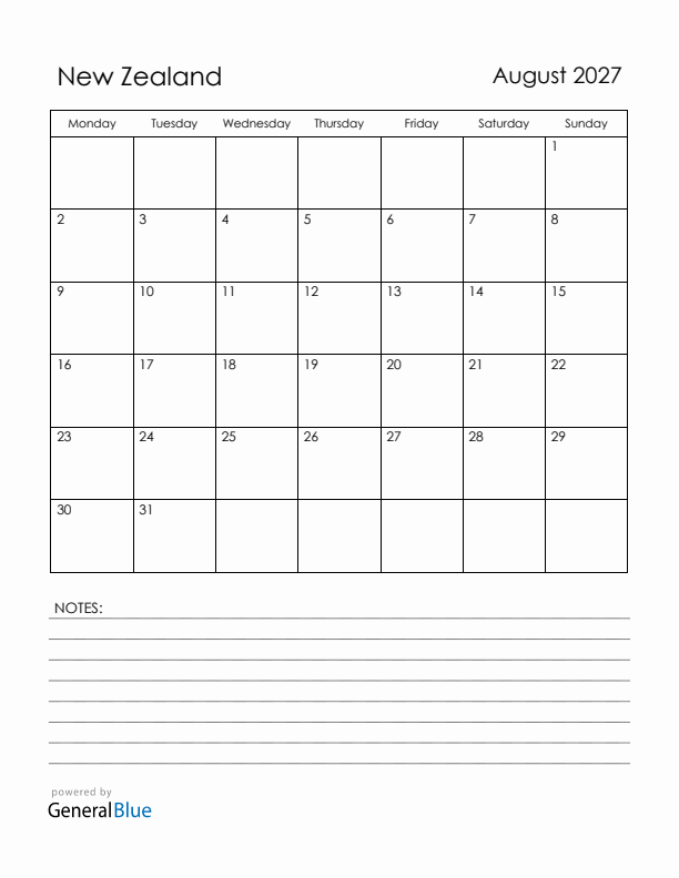 August 2027 New Zealand Calendar with Holidays (Monday Start)