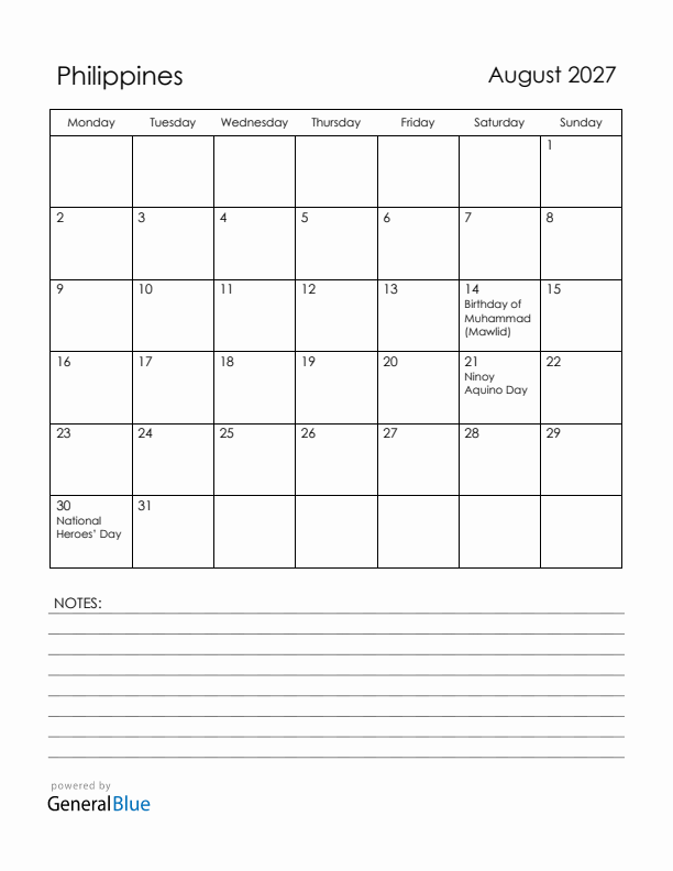 August 2027 Philippines Calendar with Holidays (Monday Start)