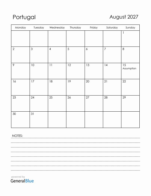 August 2027 Portugal Calendar with Holidays (Monday Start)