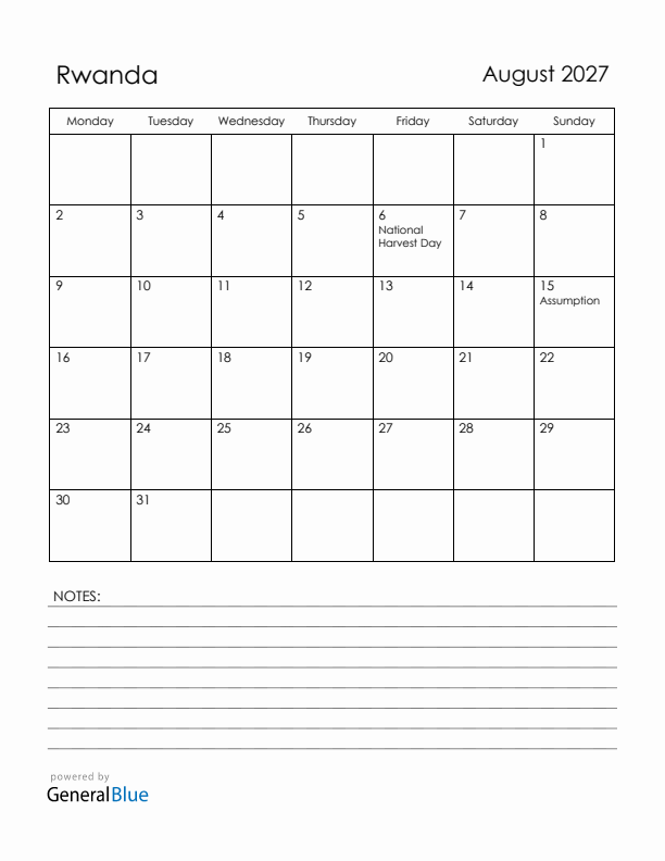 August 2027 Rwanda Calendar with Holidays (Monday Start)