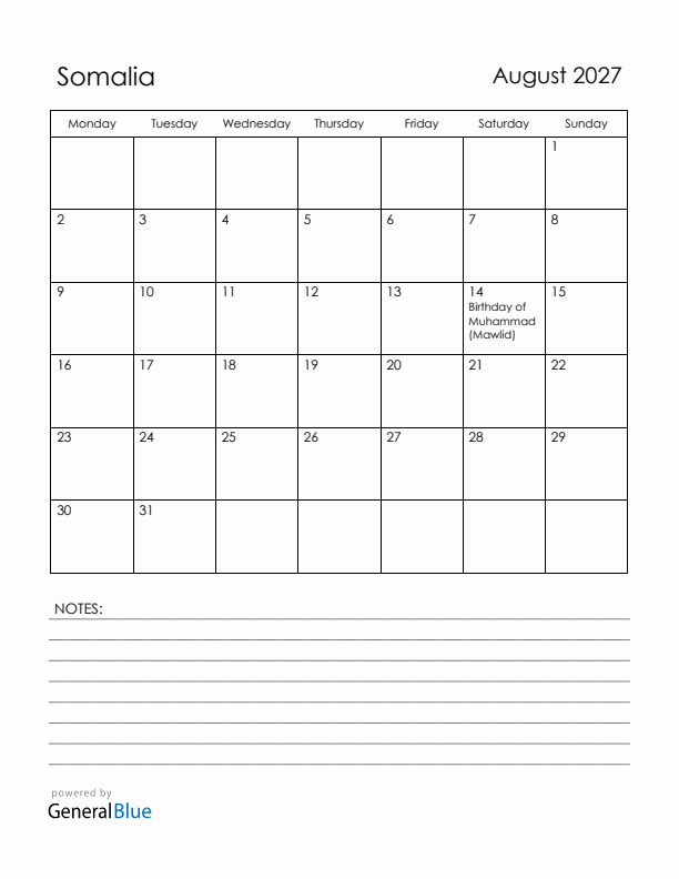 August 2027 Somalia Calendar with Holidays (Monday Start)