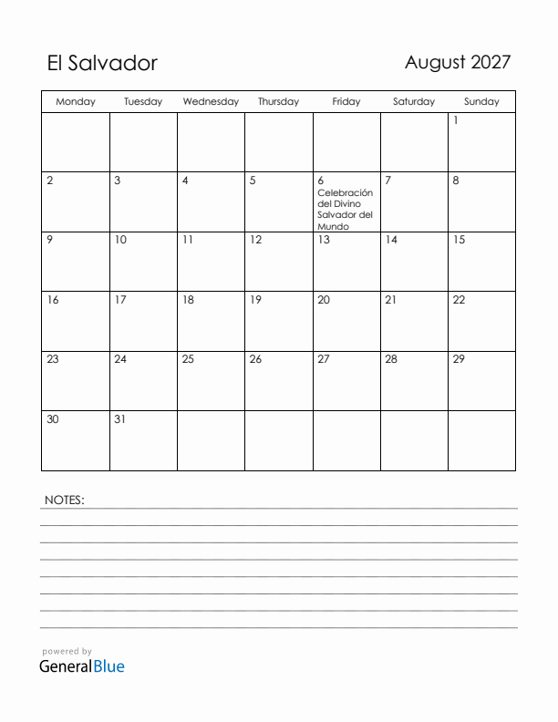 August 2027 El Salvador Calendar with Holidays (Monday Start)