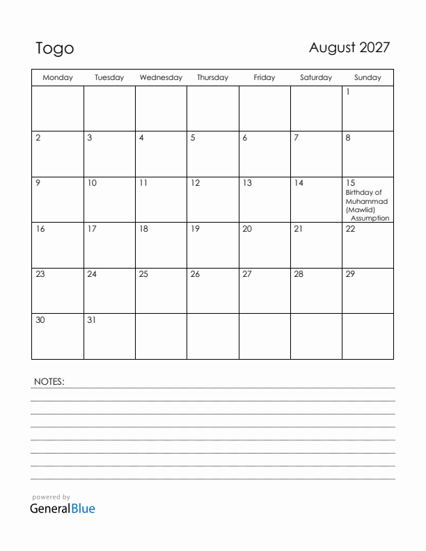 August 2027 Togo Calendar with Holidays (Monday Start)
