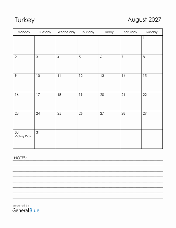 August 2027 Turkey Calendar with Holidays (Monday Start)