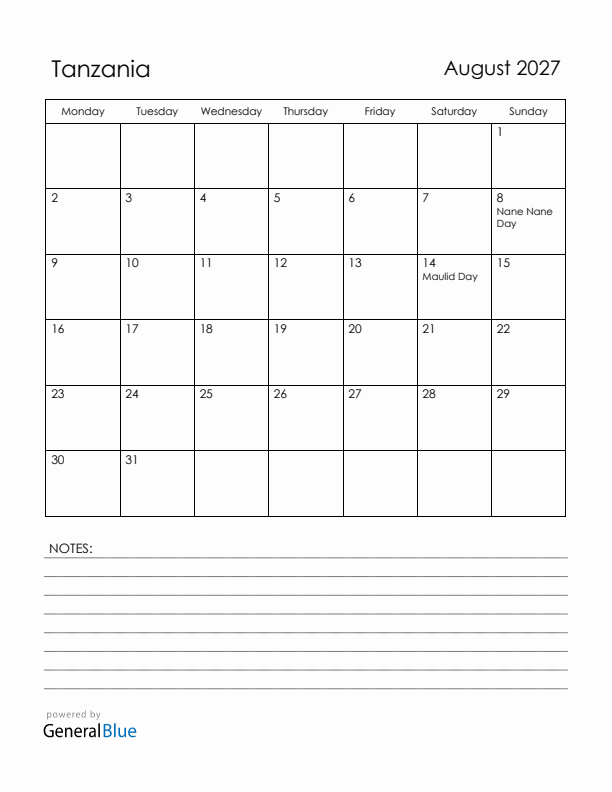 August 2027 Tanzania Calendar with Holidays (Monday Start)