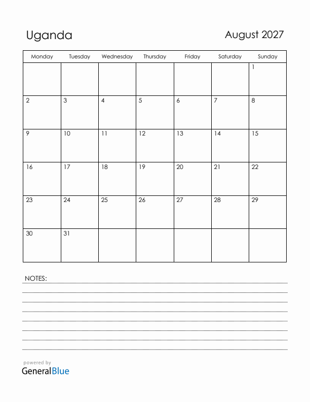 August 2027 Uganda Calendar with Holidays (Monday Start)