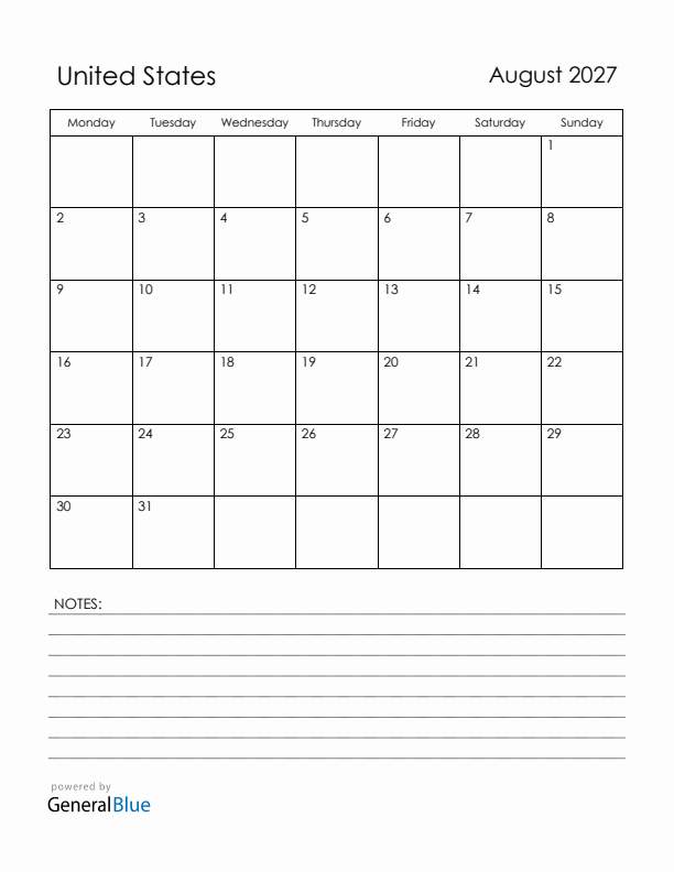 August 2027 United States Calendar with Holidays (Monday Start)