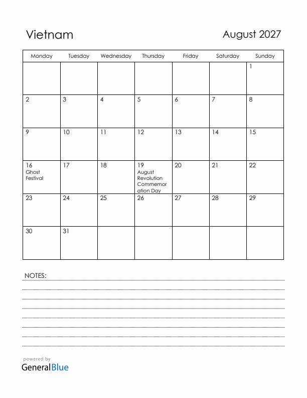 August 2027 Vietnam Calendar with Holidays (Monday Start)