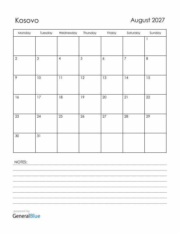 August 2027 Kosovo Calendar with Holidays (Monday Start)