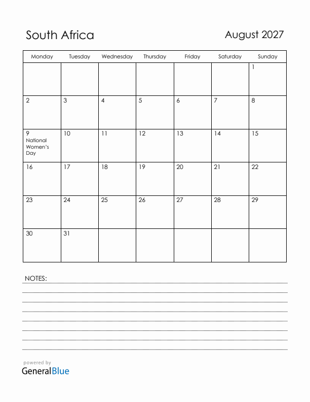 August 2027 South Africa Calendar with Holidays (Monday Start)