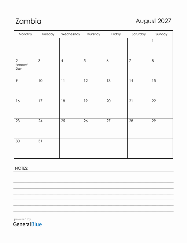 August 2027 Zambia Calendar with Holidays (Monday Start)