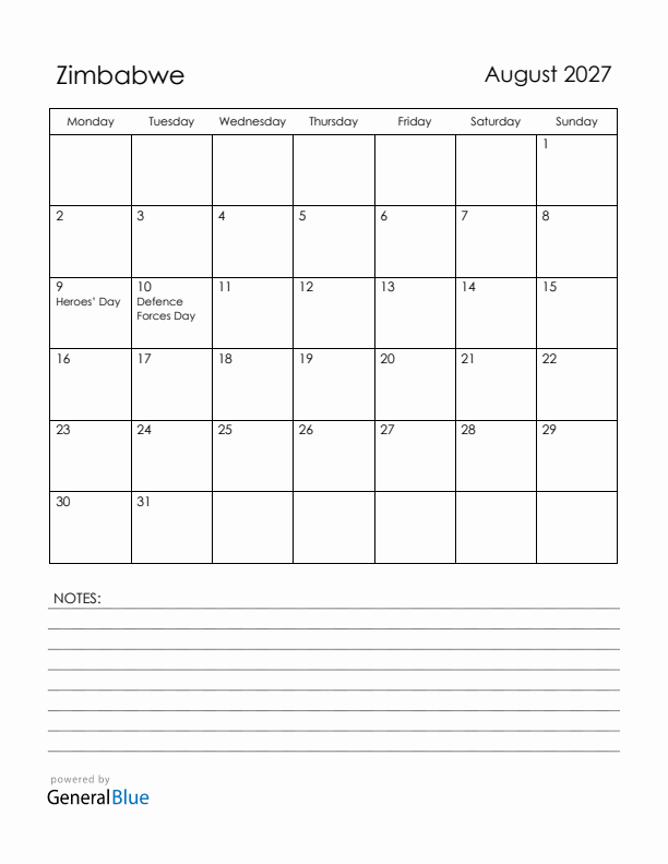 August 2027 Zimbabwe Calendar with Holidays (Monday Start)