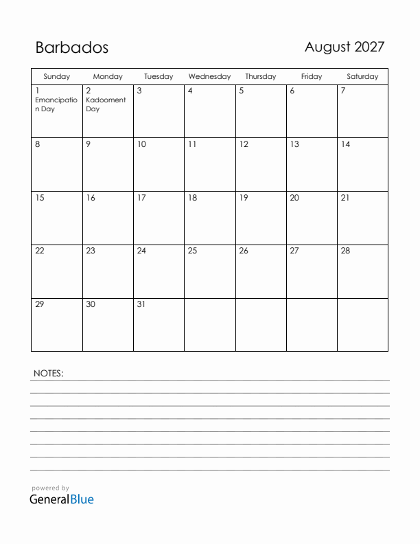 August 2027 Barbados Calendar with Holidays (Sunday Start)