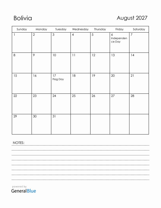 August 2027 Bolivia Calendar with Holidays (Sunday Start)