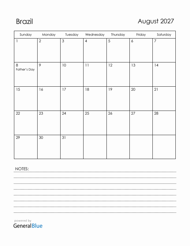 August 2027 Brazil Calendar with Holidays (Sunday Start)