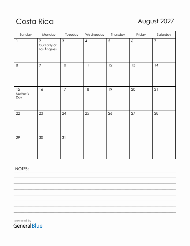 August 2027 Costa Rica Calendar with Holidays (Sunday Start)