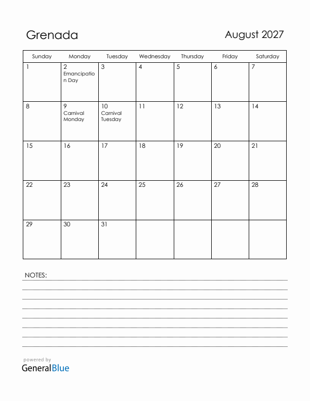 August 2027 Grenada Calendar with Holidays (Sunday Start)