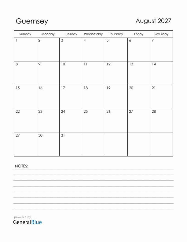 August 2027 Guernsey Calendar with Holidays (Sunday Start)