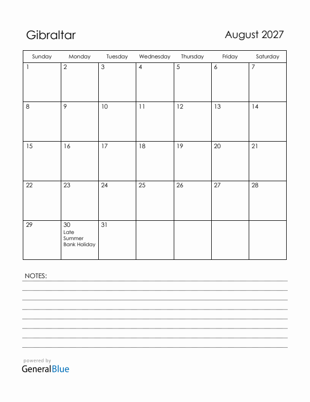 August 2027 Gibraltar Calendar with Holidays (Sunday Start)