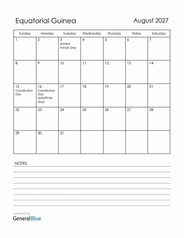 August 2027 Equatorial Guinea Calendar with Holidays (Sunday Start)