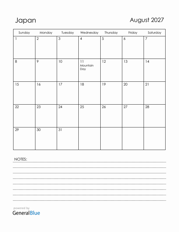 August 2027 Japan Calendar with Holidays (Sunday Start)