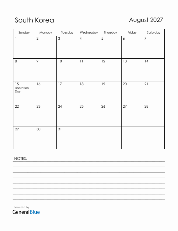 August 2027 South Korea Calendar with Holidays (Sunday Start)