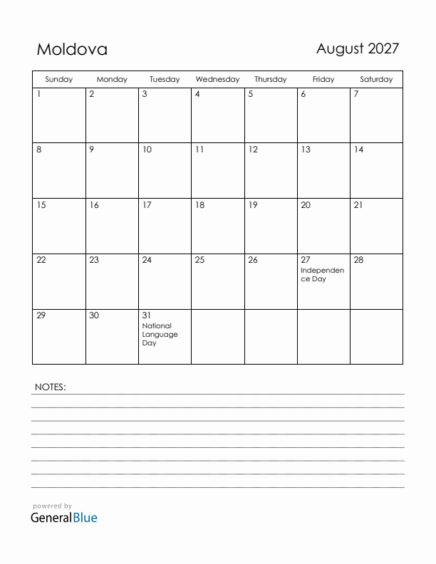 August 2027 Moldova Calendar with Holidays (Sunday Start)