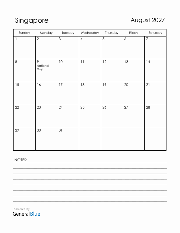 August 2027 Singapore Calendar with Holidays (Sunday Start)