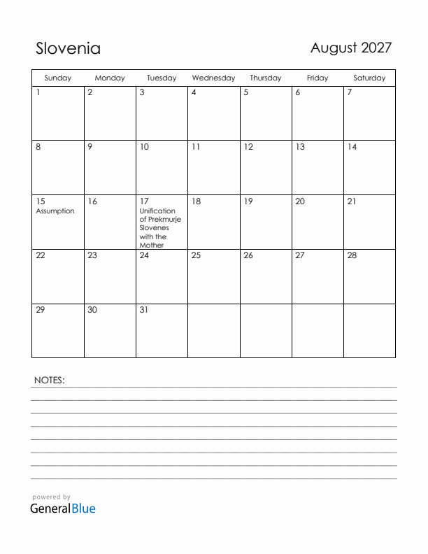 August 2027 Slovenia Calendar with Holidays (Sunday Start)