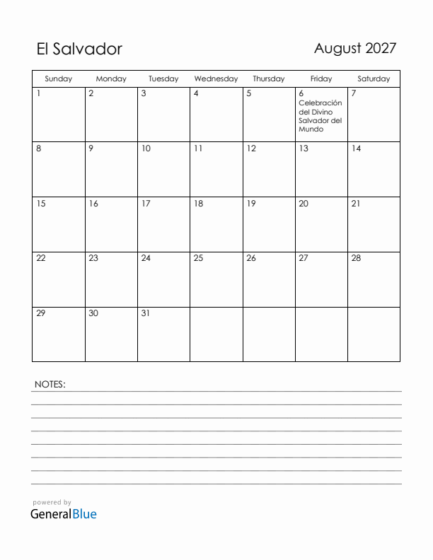 August 2027 El Salvador Calendar with Holidays (Sunday Start)