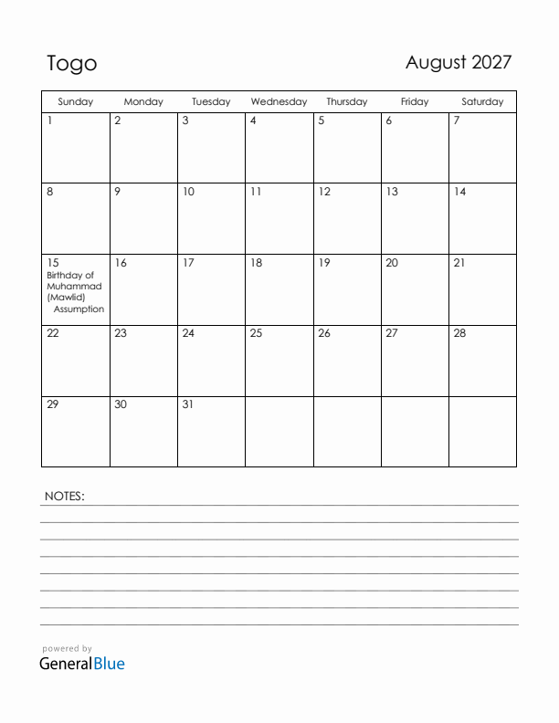August 2027 Togo Calendar with Holidays (Sunday Start)