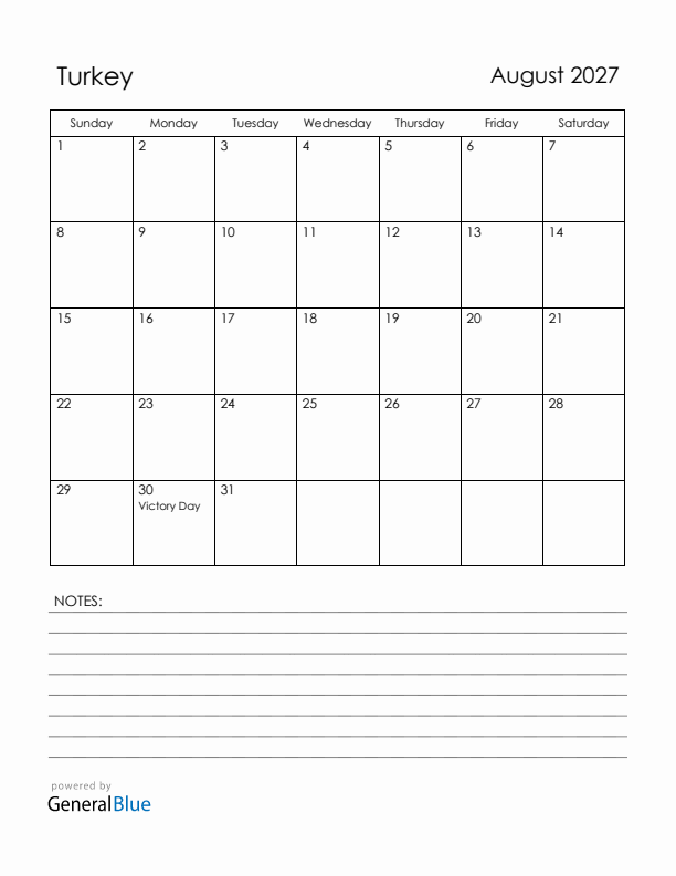 August 2027 Turkey Calendar with Holidays (Sunday Start)