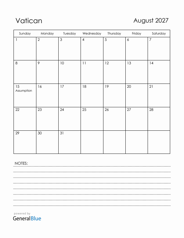 August 2027 Vatican Calendar with Holidays (Sunday Start)