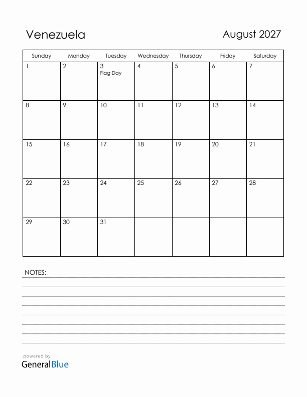 August 2027 Venezuela Calendar with Holidays (Sunday Start)