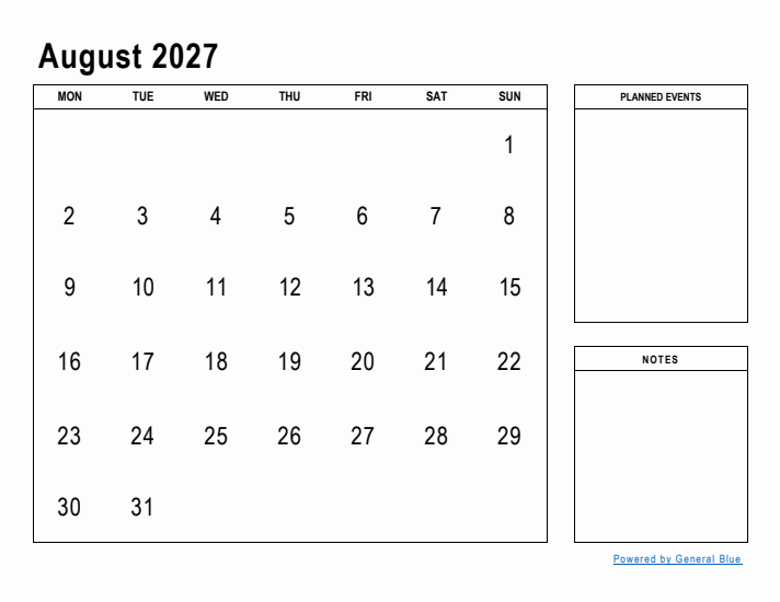 August 2027 Calendar Planner