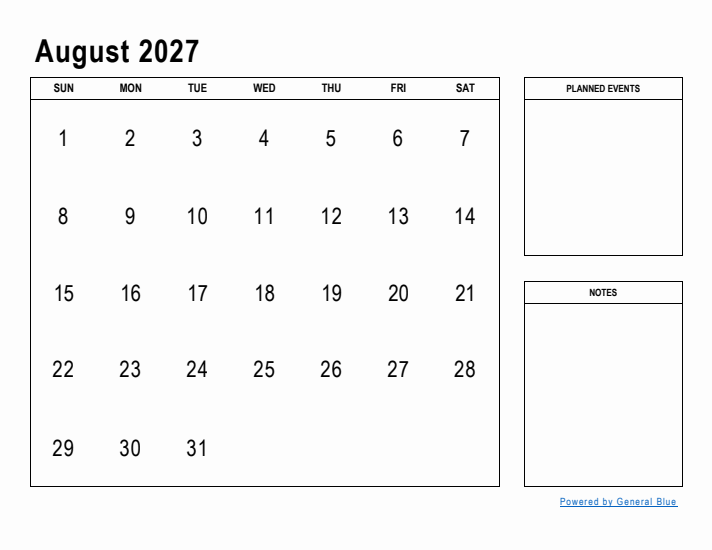 August 2027 Calendar Planner